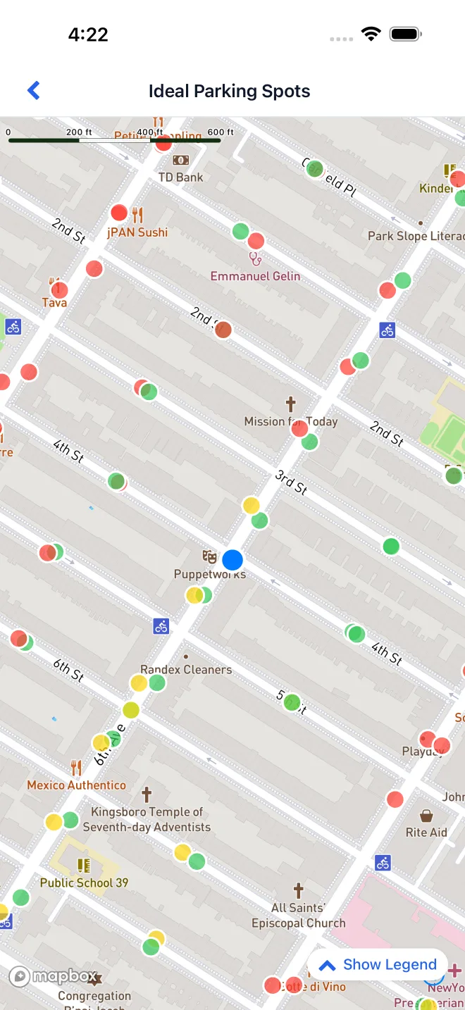 Map view exploring nearby NYC parking signs and regulations