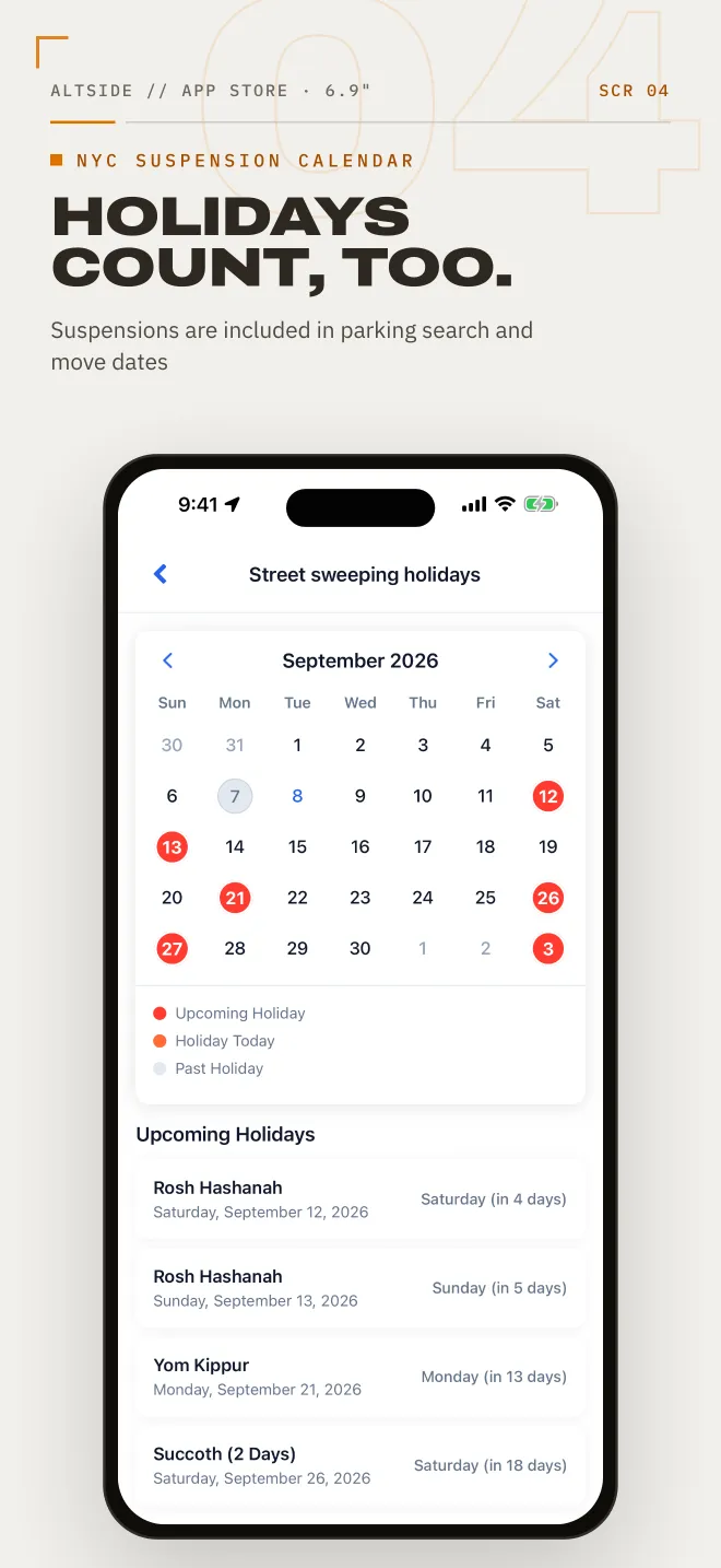 AltSide poster with the headline 'Holidays count, too.' over the September 2026 street-sweeping suspension calendar and upcoming holidays
