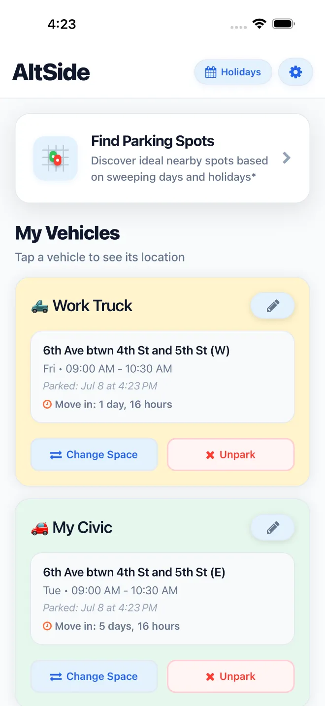 AltSide home screen showing saved vehicles with upcoming street-cleaning reminders