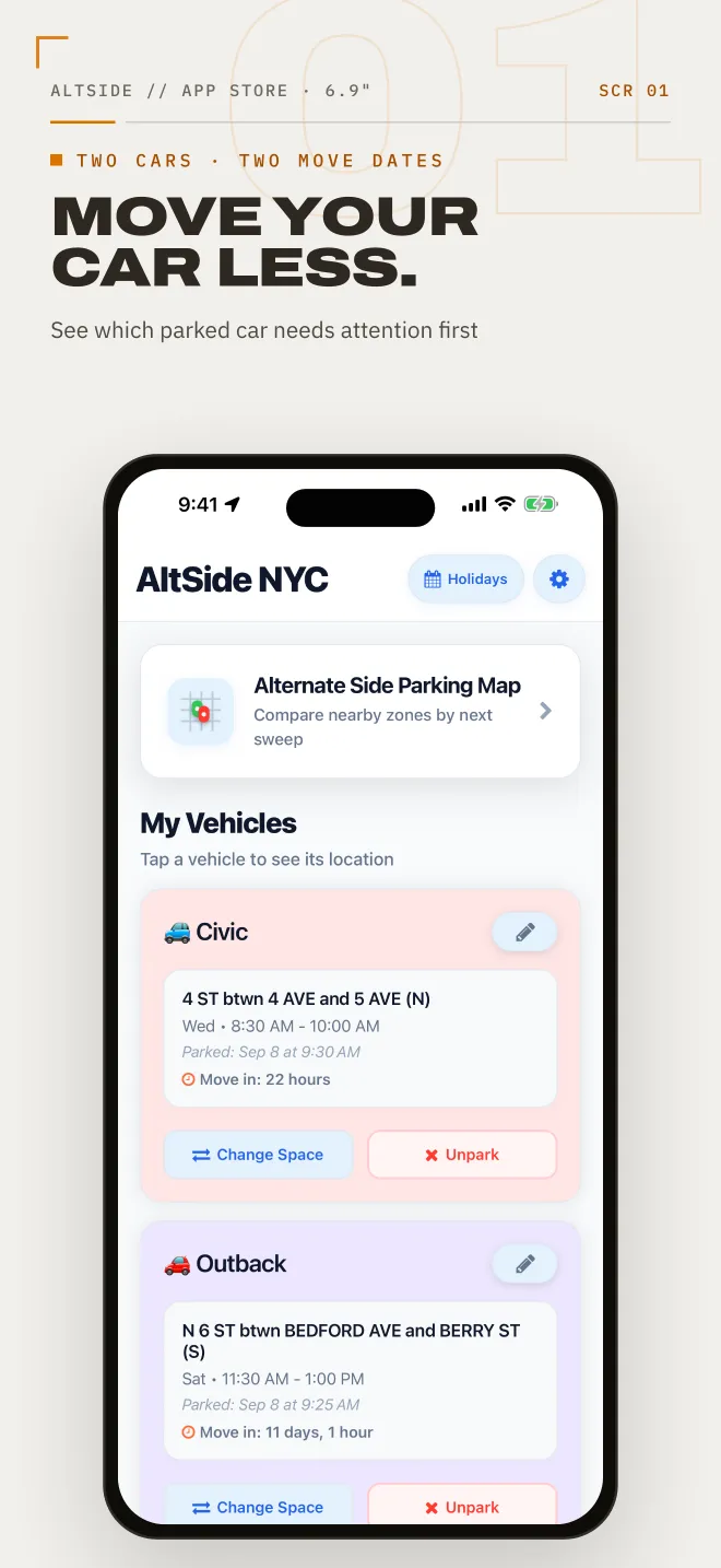 AltSide poster with the headline 'Move your car less.' over the home screen showing two saved vehicles with different move dates