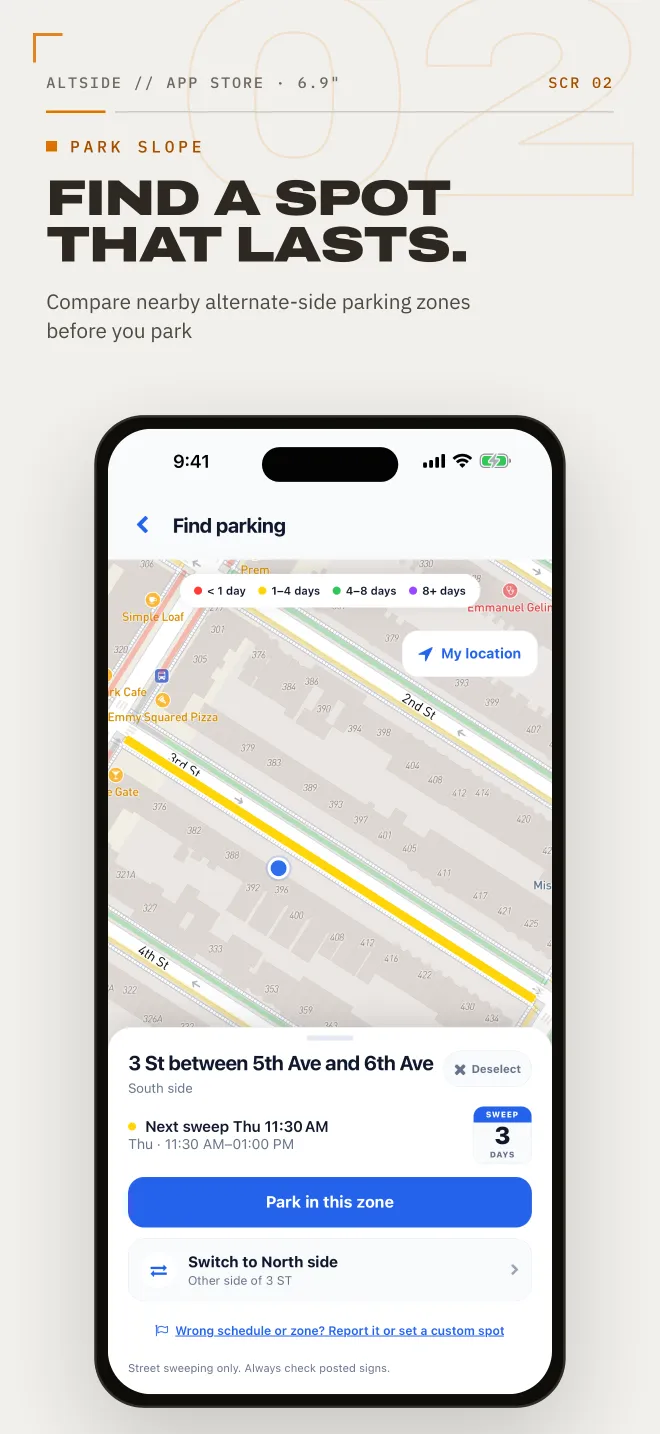 AltSide poster with the headline 'Find a spot that lasts.' over a selected Park Slope parking zone showing its next street sweep and an option to park there