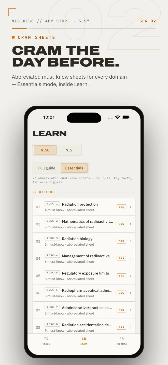 Learn tab listing RISC domains, each tagged with an abbreviated Essentials sheet, promo poster reading 'Cram the day before.'