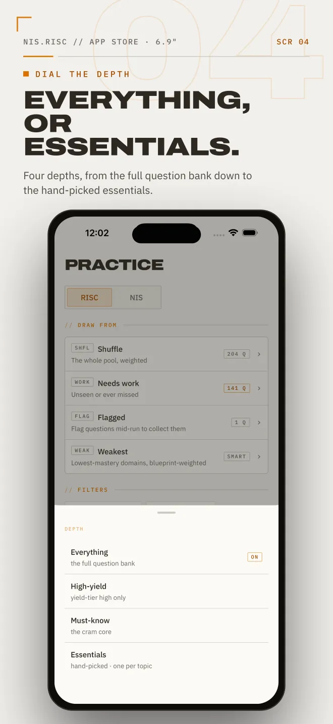 Practice depth selector offering Everything, High-yield, Must-know and Essentials, promo poster reading 'Everything, or essentials.'