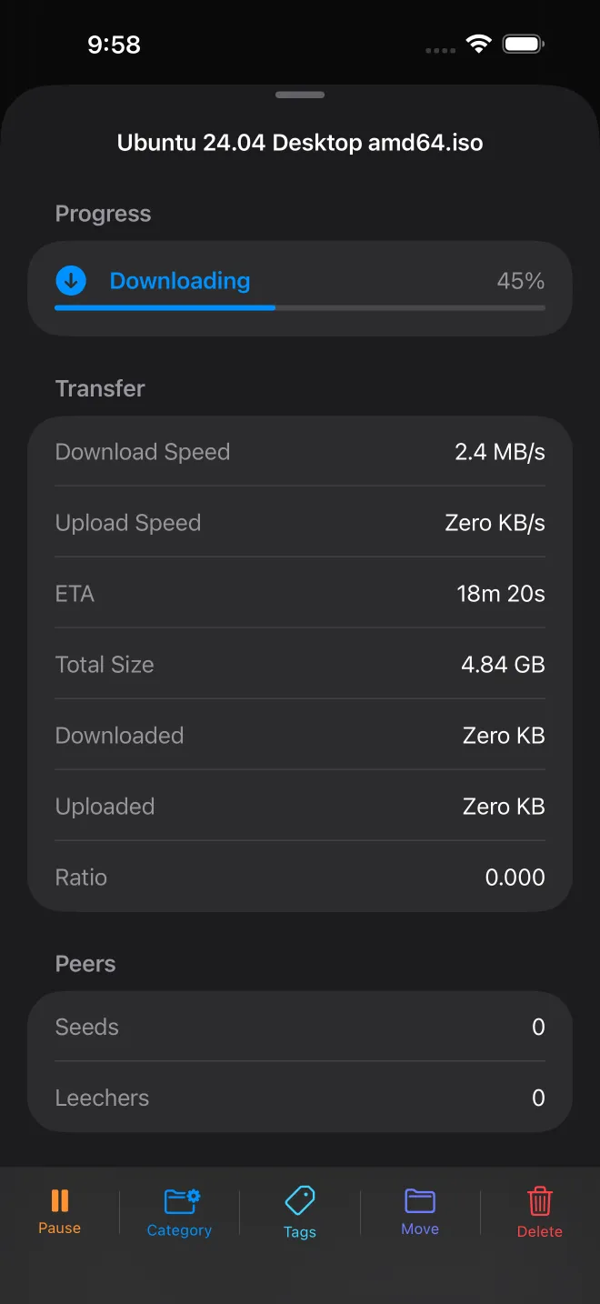 Torrent detail view with per-file progress and statistics
