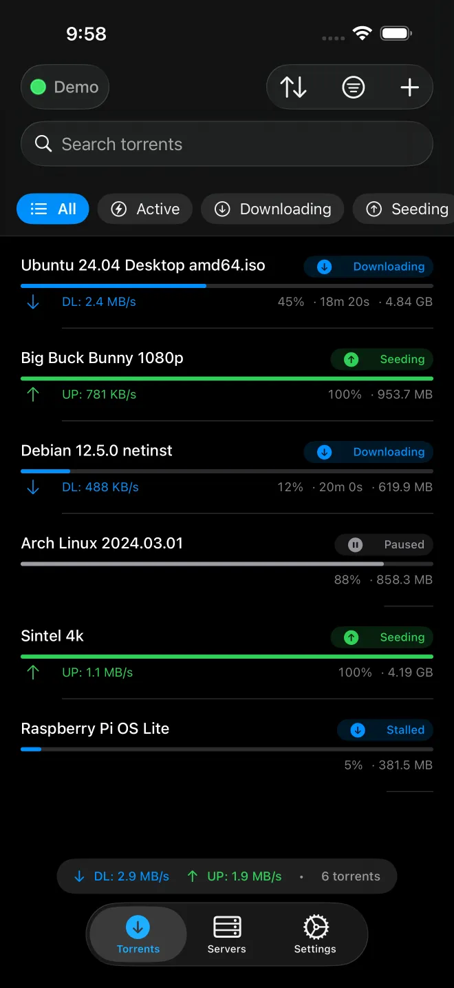 Torrent list with live download and upload speeds for each transfer