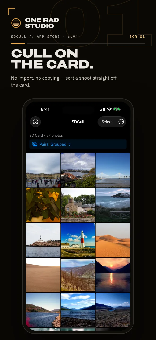 SDCull photo grid with RAW and JPEG/HEIF pairs grouped automatically, promo poster reading 'Cull on the card'